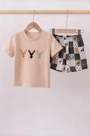 Green hunting deer embroidery checkered shorts set