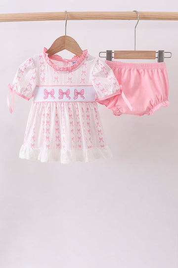 Pink bow smocked ruffle bloomer set