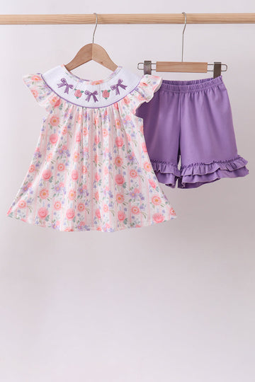 Purple rose bow smocked ruffle shorts set