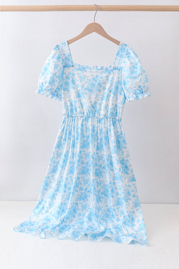 Blue rose print women dress
