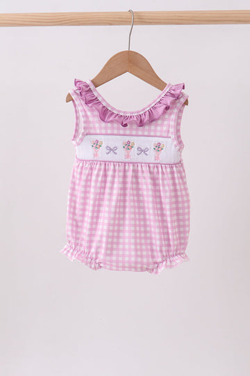 Pink floral bow smocked ruffle bubble