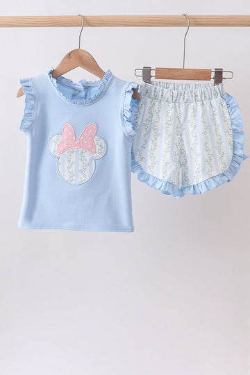 Blue character applique ruffle shorts set