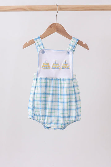 Blue birthday cake smocked plaid bubble