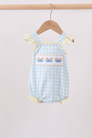 Yellow crab smocked gingham ruffle bubble