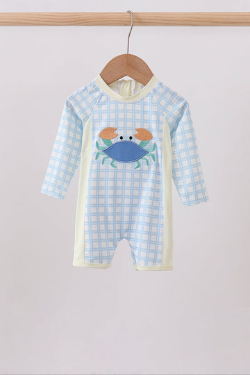 Blue crab applique plaid one-piece swimsuit