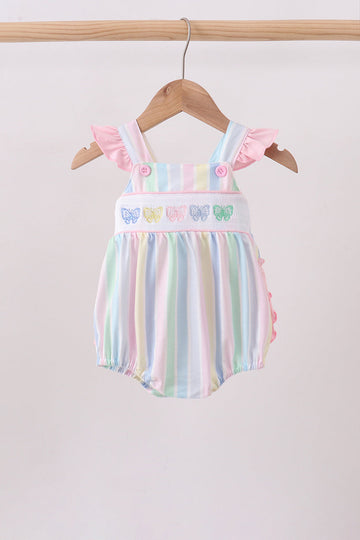 Rainbow stripe butterfly smocked ruffle bubble