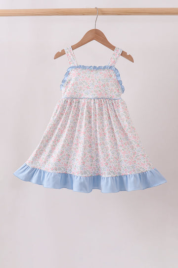 Blue Floral Print Ruffle Dress