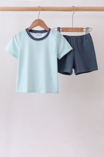 Blue Stripe Shorts Set