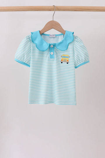 Blue Stripe School Bus Embroidered Top