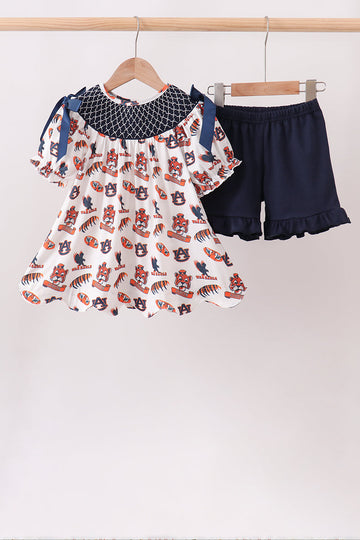 Navy Auburn Smocked Scalloped Shorts Set