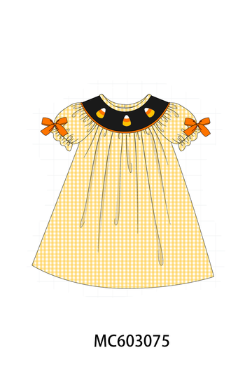 Mustard Candy Embroidery Gingham Dress