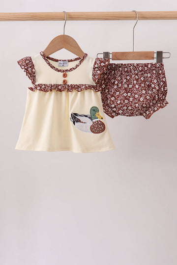 Brown Mallard Applique Ruffle Bloomer Set