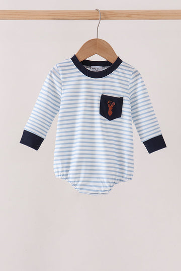Navy Deer Embroidery Stripe Bubble