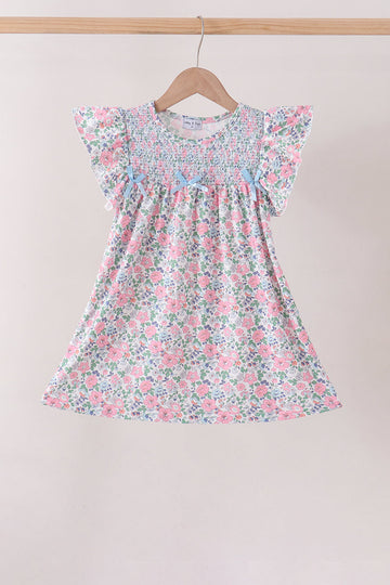 Blue Floral Smocked Ruffle Dress