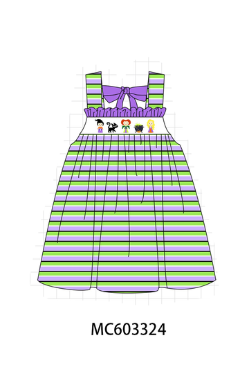 Purple witch embroidery bow stripe dress