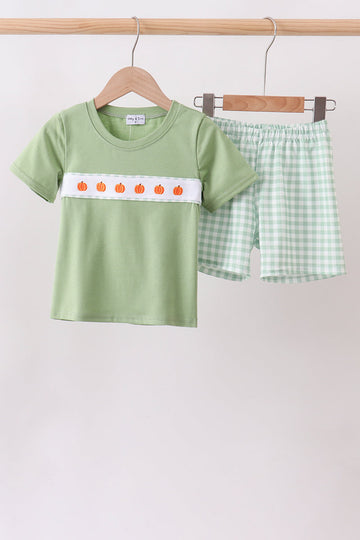 Green Pumpkin Embroidery Shorts Set