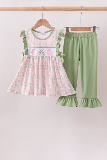 Sage Pumpkin Bow Embroidery Ruffle Pants Set