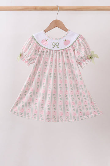 Sage Pumpkin Bow Embroidery Dress