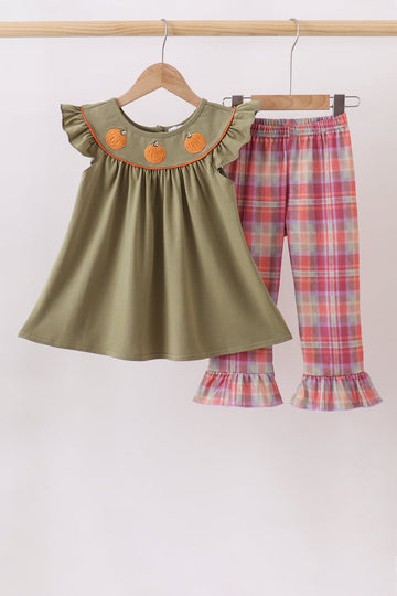 Camel Pumpkin Embroidery Plaid Dress
