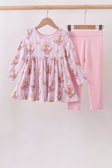 Pink princess floral stripe bamboo pants set