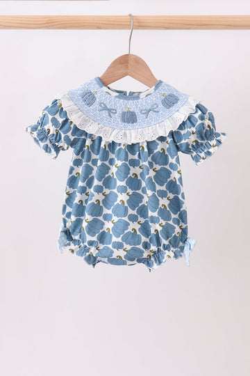 Blue pumpkin bow smocked lace bubble