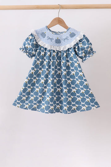 Blue pumpkin bow smocked lace dress