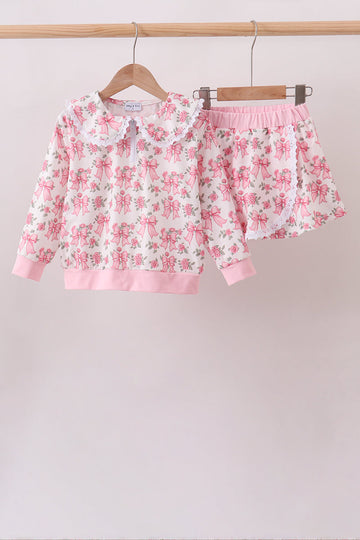 Pink Floral Bow Lace Skorts Set