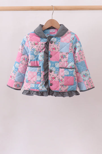 Teal Patchwork Floral Ruffle Jacket