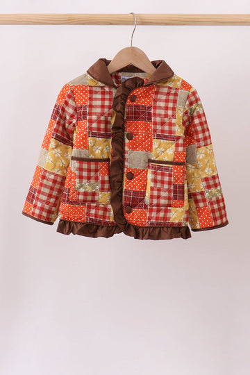 Brown Patchwork Floral Ruffle Jacket