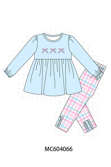 Blue bow french knot plaid pants set