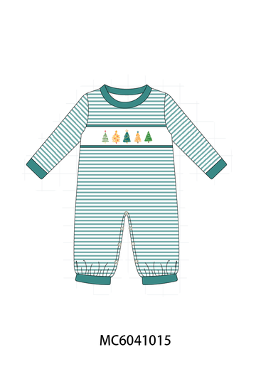 Green Christmas Tree Embroidery Stripe Romper