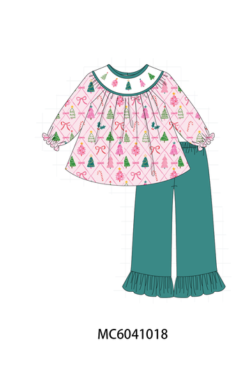 Pink Christmas Tree Embroidery Ruffle Pants Set