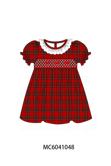 Red Plaid Bow Smocked Ruffe Dress
