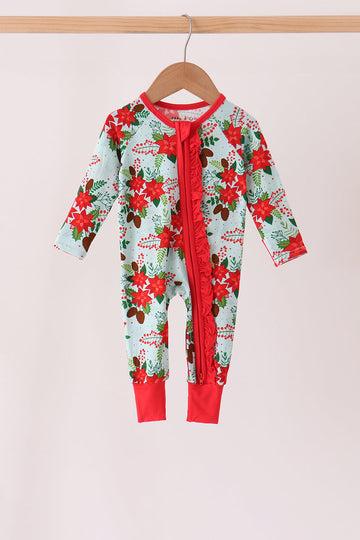 Red Floral Ruffle Zip Bamboo Romper