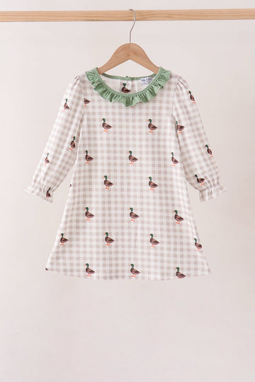 Green Duck Embroidery Gingham Dress