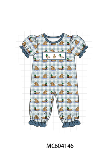 Blue mallard duck embroidery ruffle romper