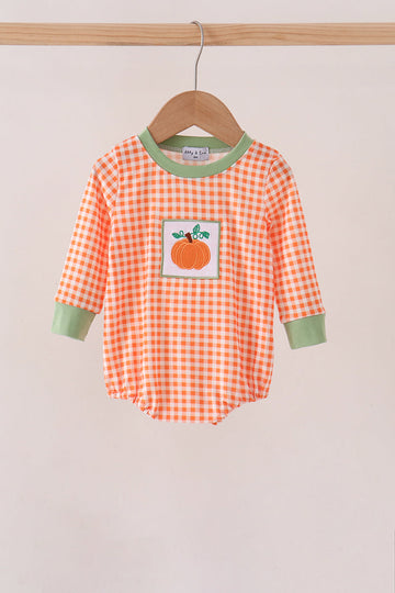 Orange pumpkin embroidery gingham bubble
