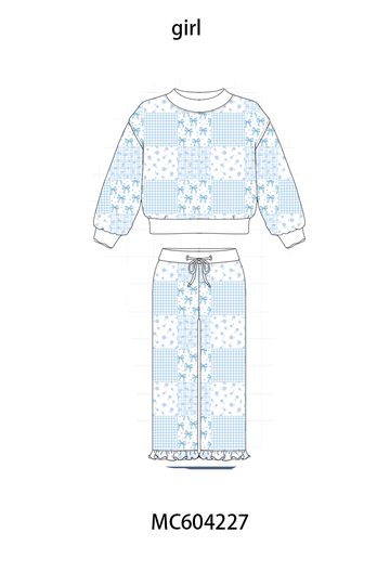 Blue floral bow checkered mom&me pants set