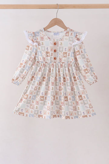 Khaki farm checkered ruffle dress