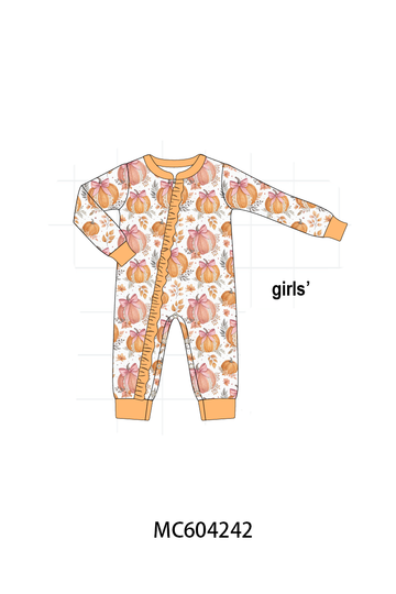 Orange Pumpkin Print Ruffle Romper