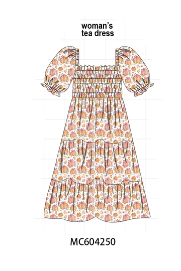Orange Pumpkin Print Smocked Mom Dress