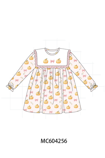 Pink pumpkin bow embroidery ruffle dress