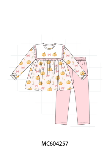 Pink pumpkin bow embroidery ruffle pants set