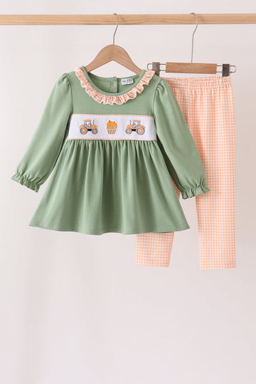 Green farm embroidery ruffle pants set