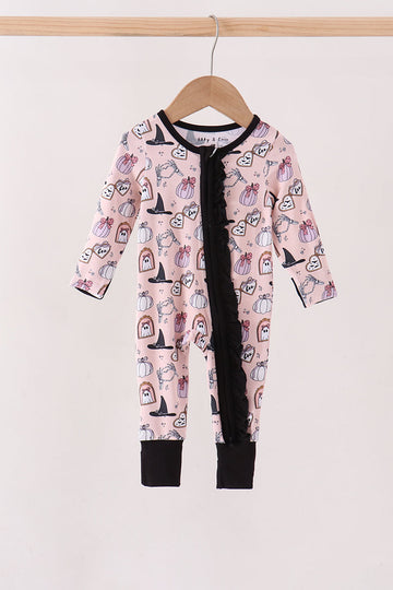 Pink Spooky embroidery bamboo ruffle romper
