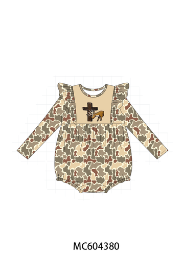 Khaki camoufalge cross deer embroidery ruffle bubble