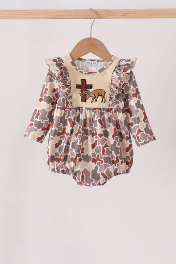Khaki camoufalge cross deer embroidery ruffle bubble