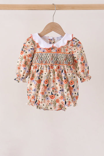 Coral floral smocked bubble