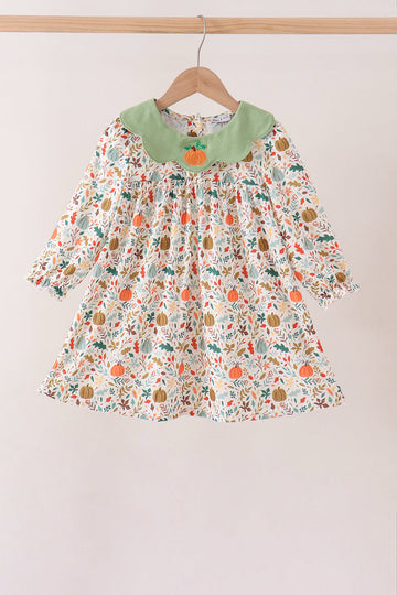 Sage pumpkin embroidery leaves dress