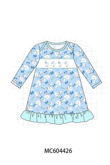 Blue goose bow embroidery ruffle dress